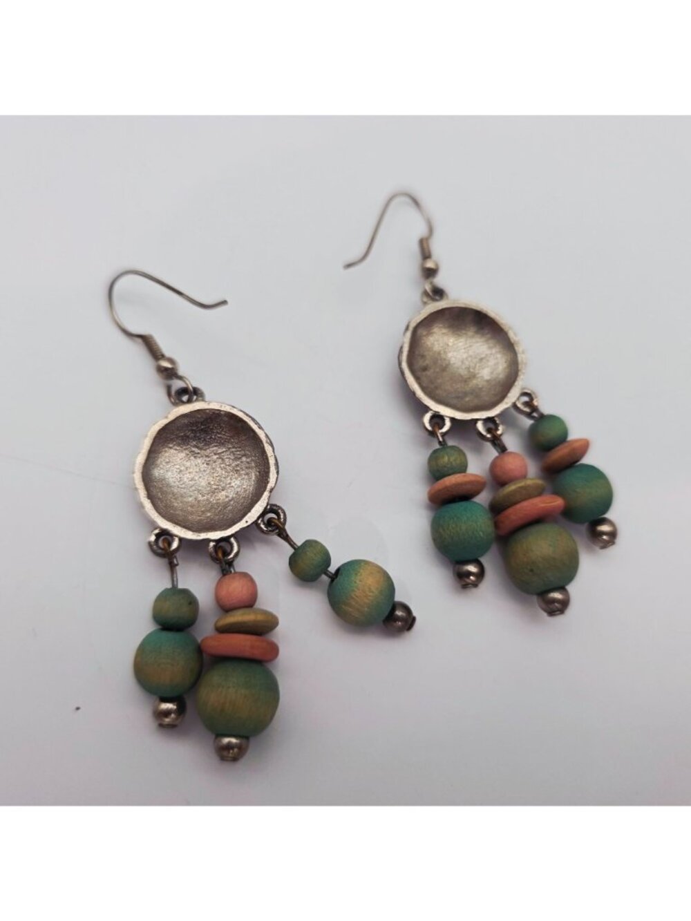 Beaded Dangle Earrings Floral Rose Motif & Metal Multicolored Wood Beads Boho - Picture 4 of 4